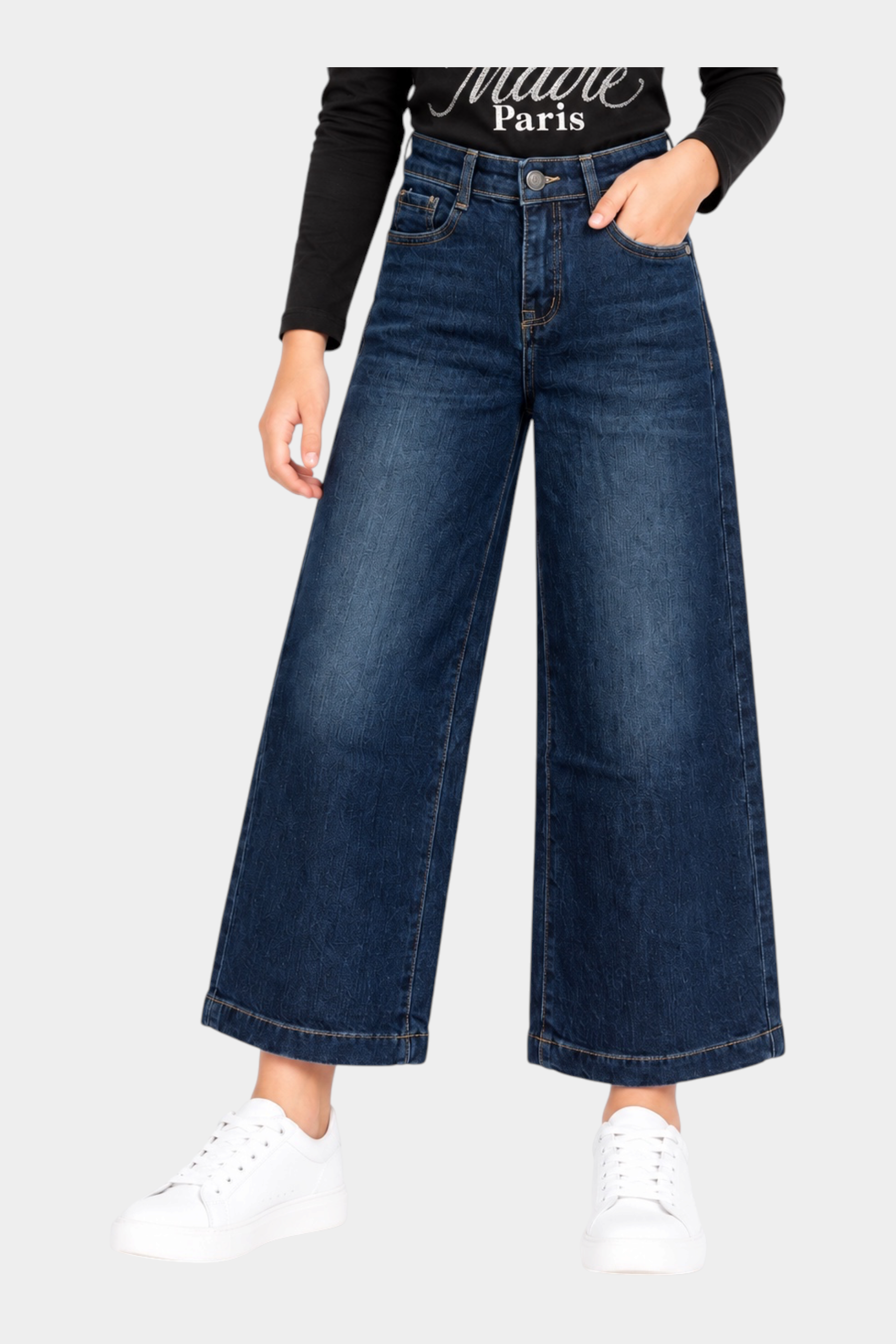 Jeans a gamba larga Follower SRL per bambina in denim blu scuro con taglio cropped e vita alta