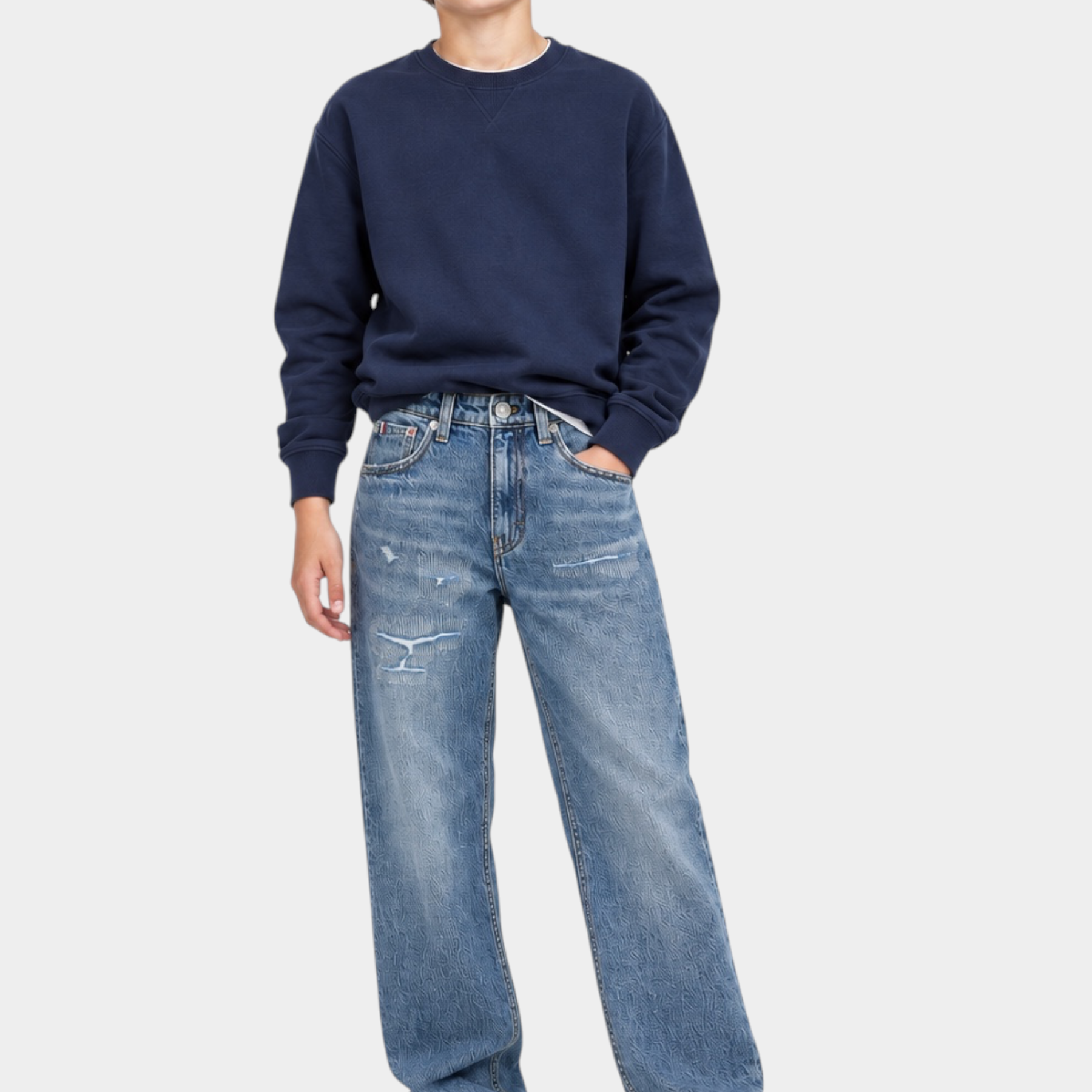 Jeans Follower SRL Tommy Hilfiger barrel fit per bambino in denim blu con effetto vintage e vestibilità comoda