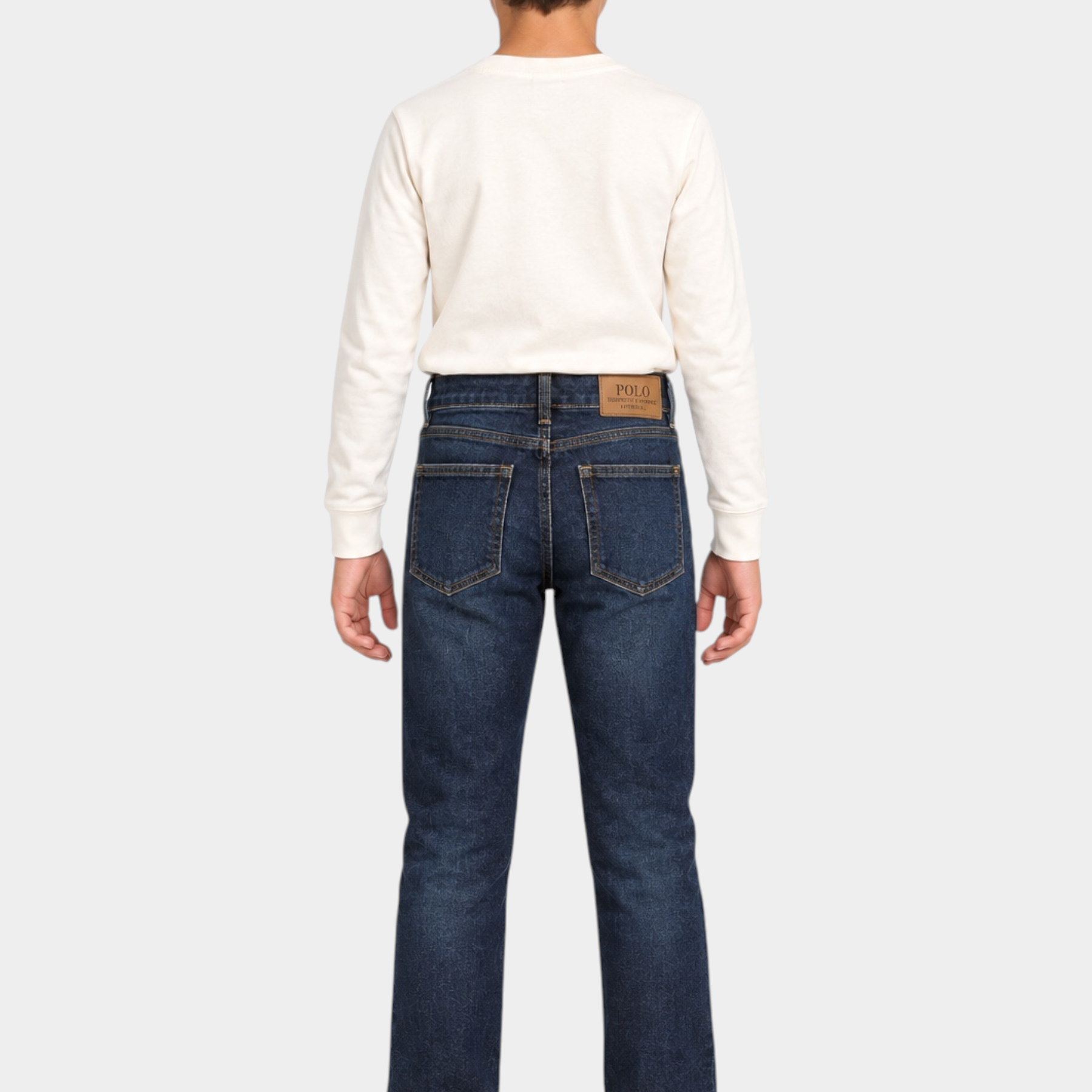 Jeans regular fit blu per bambino Follower SRL con etichetta in pelle sul retro e maglia a maniche lunghe bianca