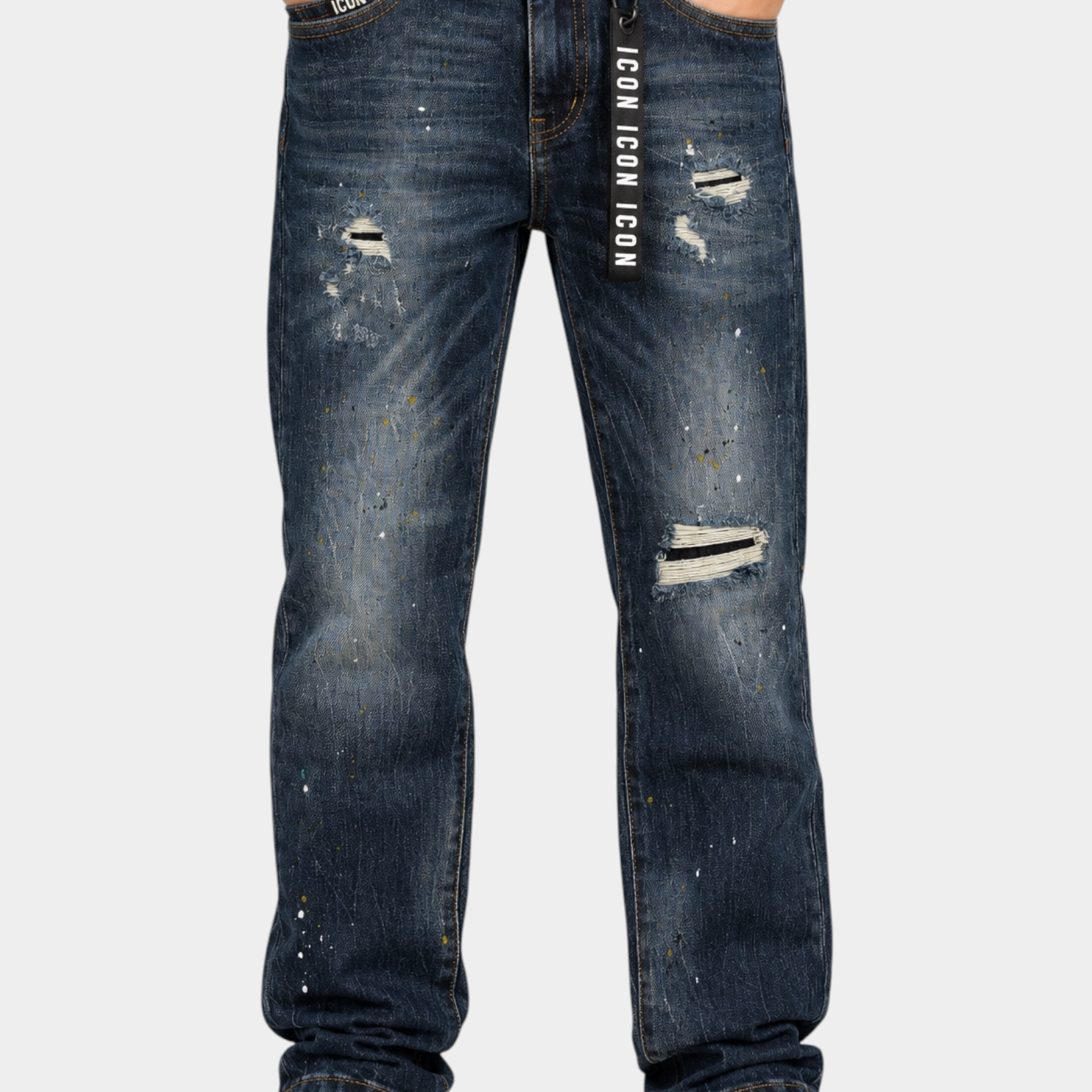 Jeans larghi regular fit Follower SRL per bambino in denim blu con strappi, dettagli effetto vernice e logo ICON