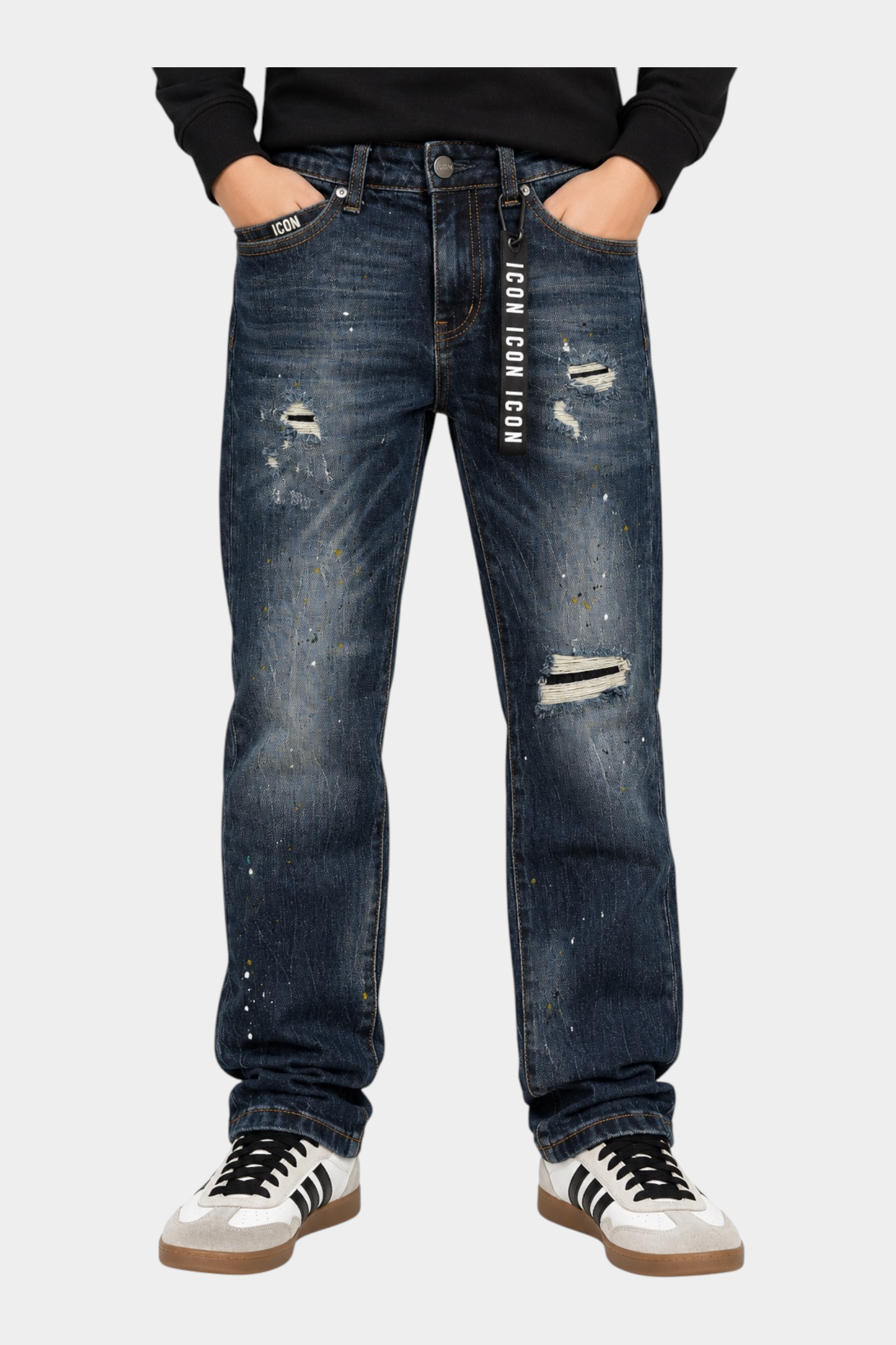Jeans larghi regular fit Follower SRL per bambino in denim blu con strappi, dettagli effetto vernice e logo ICON