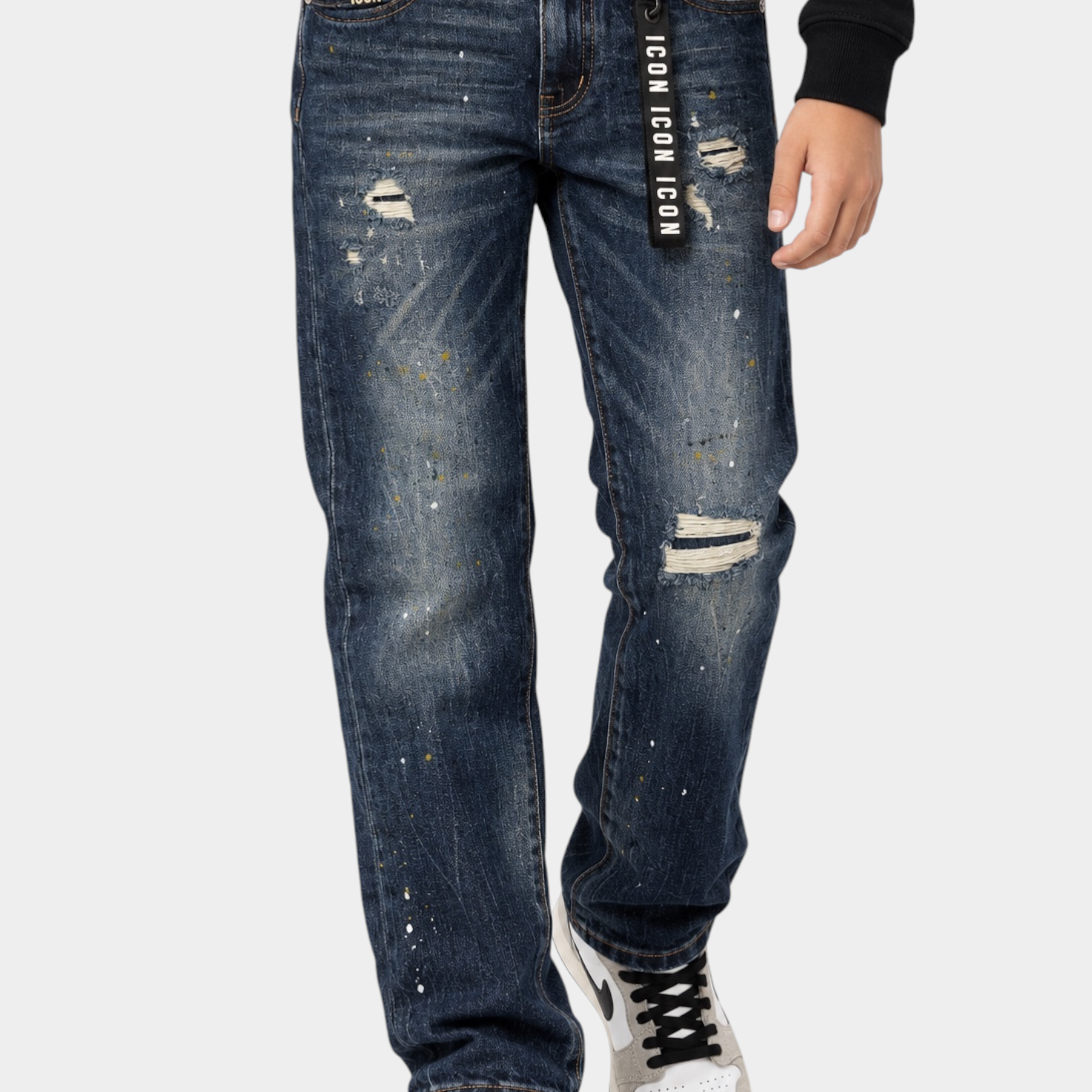 Jeans Follower SRL larghi regular fit da bambino in denim blu con strappi, effetto vissuto e dettagli a schizzi
