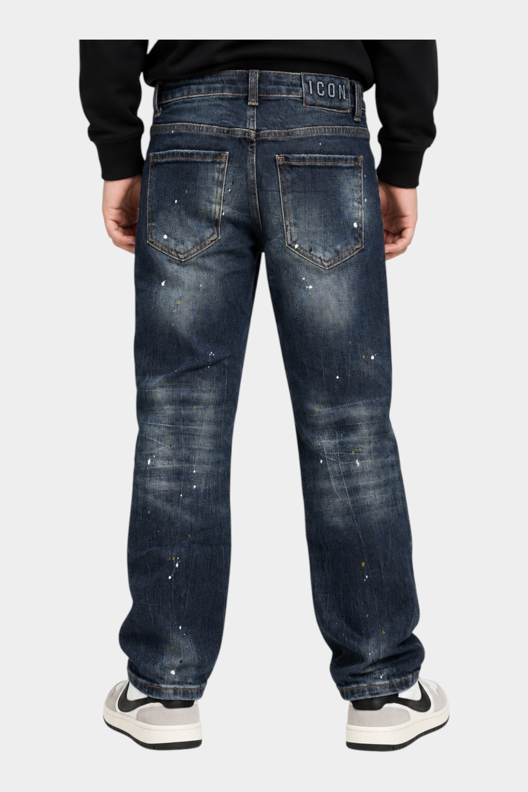 Jeans larghi regular fit Follower SRL per bambino in denim blu scuro con effetto vissuto e schizzi di vernice