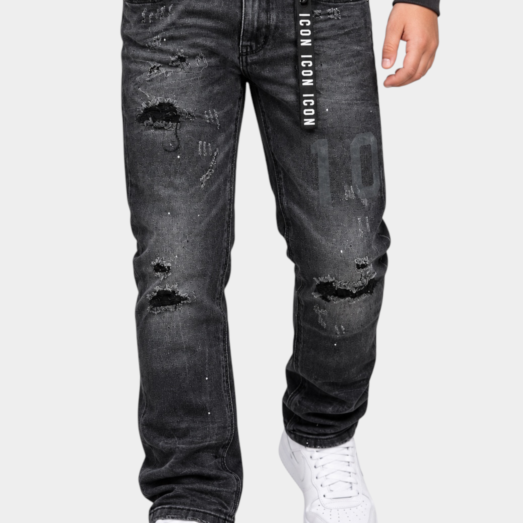 Jeans larghi regular fit Follower SRL per bambino in denim nero con strappi, dettagli consumati e nastro logo ICON