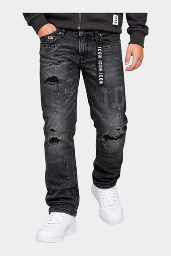 Jeans larghi regular fit Follower SRL per bambino in denim nero con strappi, dettagli consumati e nastro logo ICON