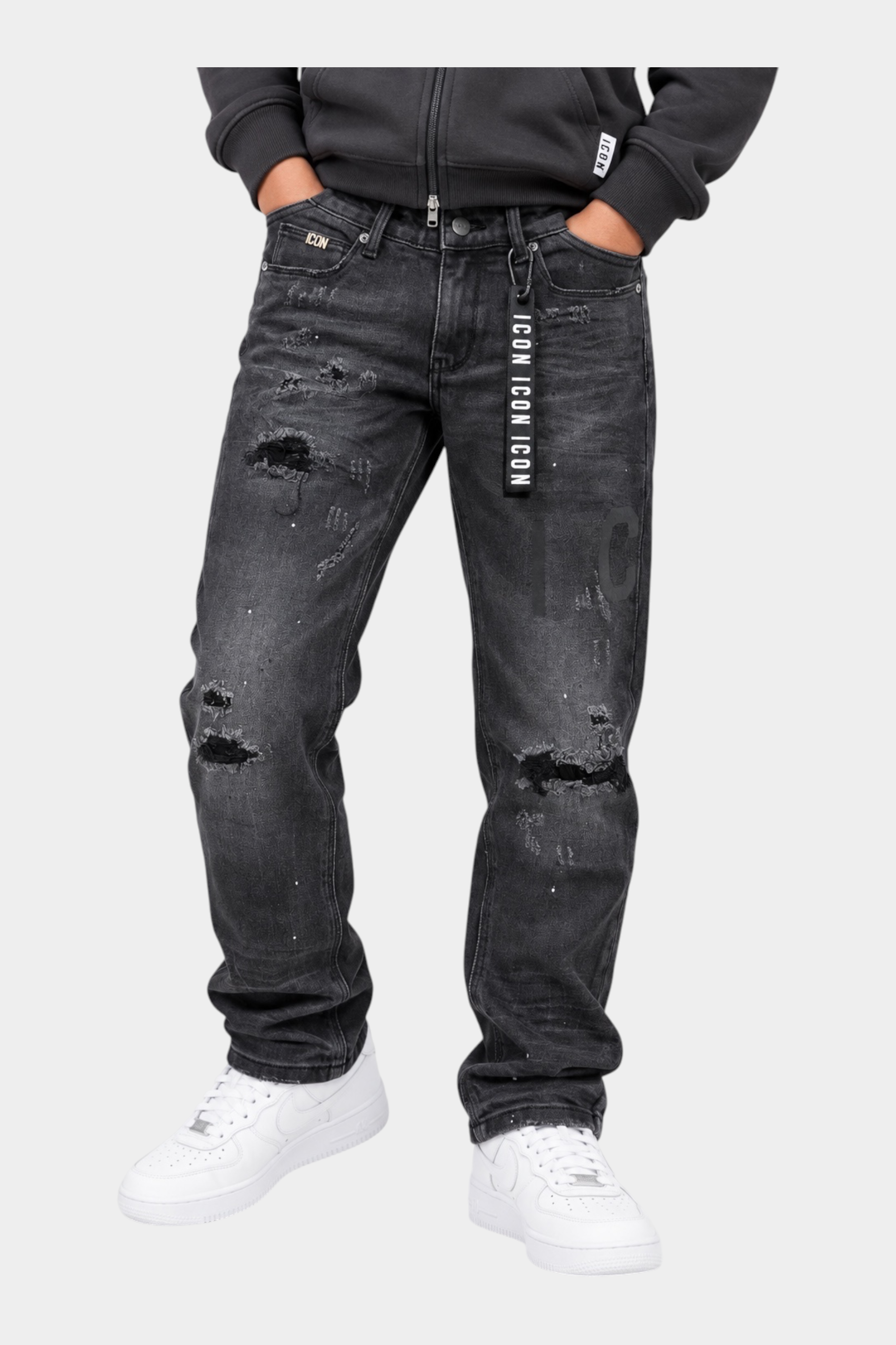 Jeans larghi regular fit Follower SRL per bambino in denim nero con strappi e nastro decorativo ICON