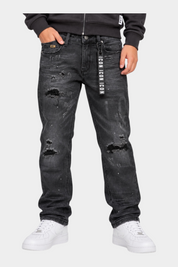 Jeans larghi Follower SRL regular fit per bambino in denim nero con strappi, dettagli consumati e nastro logo ICON