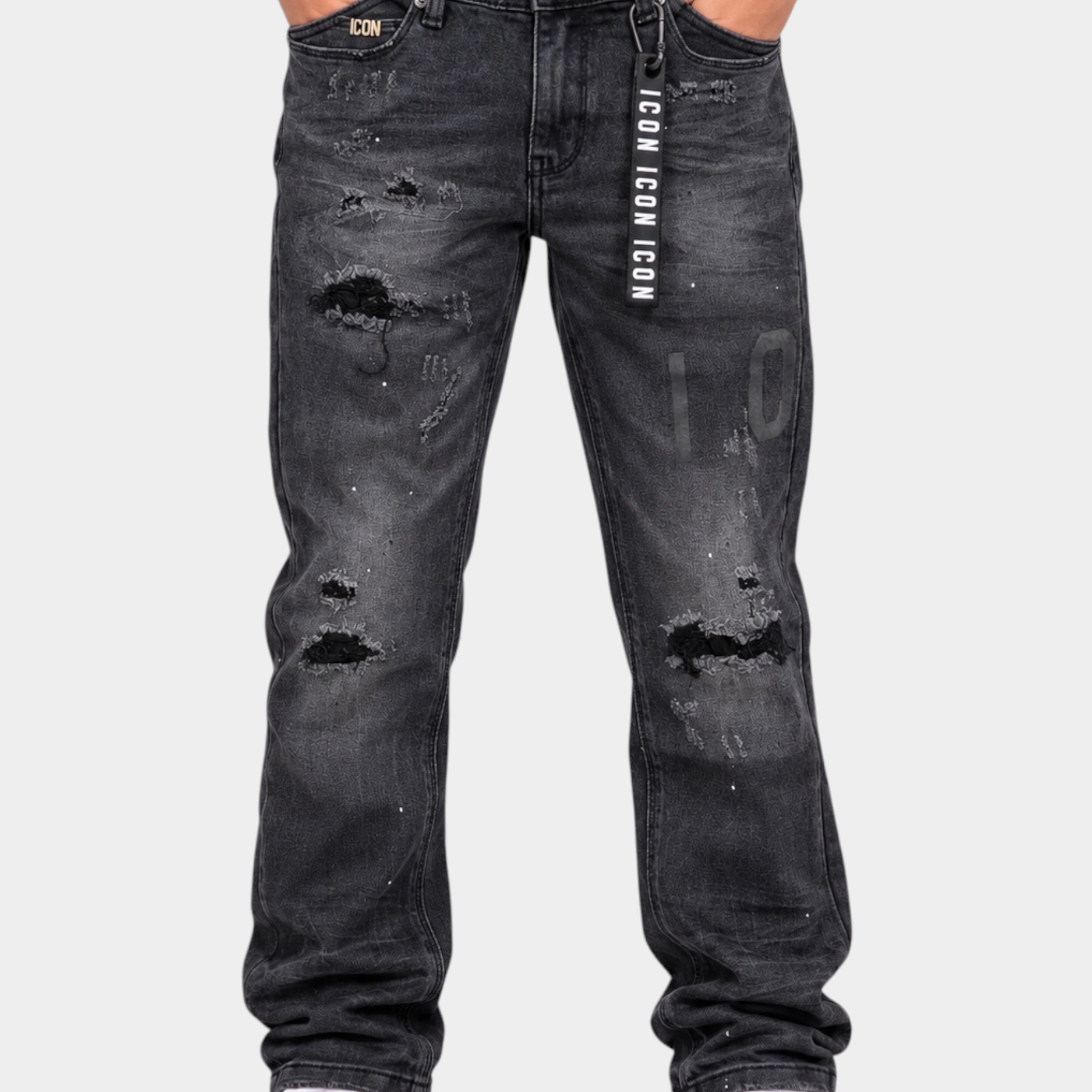 Jeans larghi regular fit Follower SRL per bambino in denim nero con strappi, dettagli consumati e logo ICON