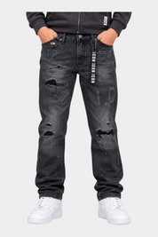 Jeans larghi regular fit Follower SRL per bambino in denim nero con strappi, dettagli consumati e logo ICON