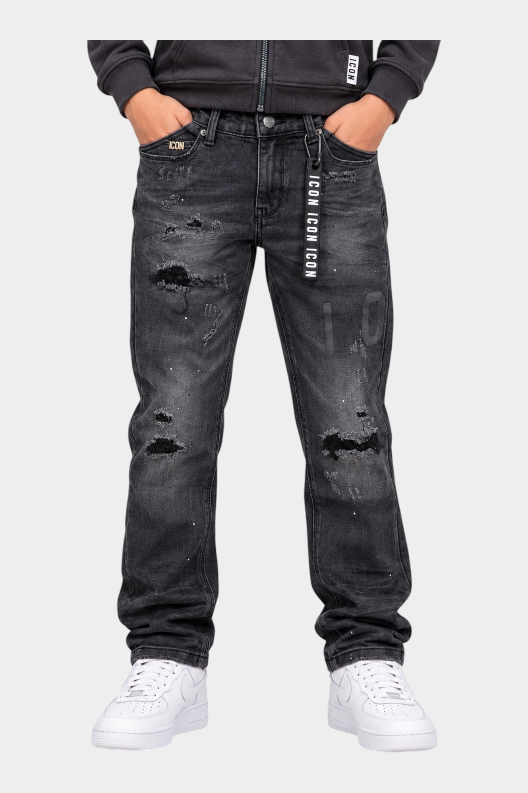 Jeans larghi regular fit Follower SRL per bambino in denim nero con strappi, dettagli consumati e logo ICON