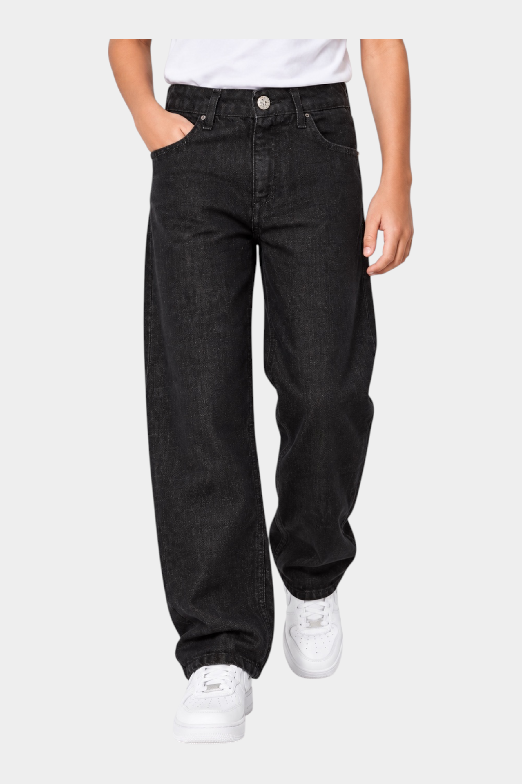 Jeans dritti neri per bambino firmati Follower SRL, modello a gamba larga con chiusura a bottone