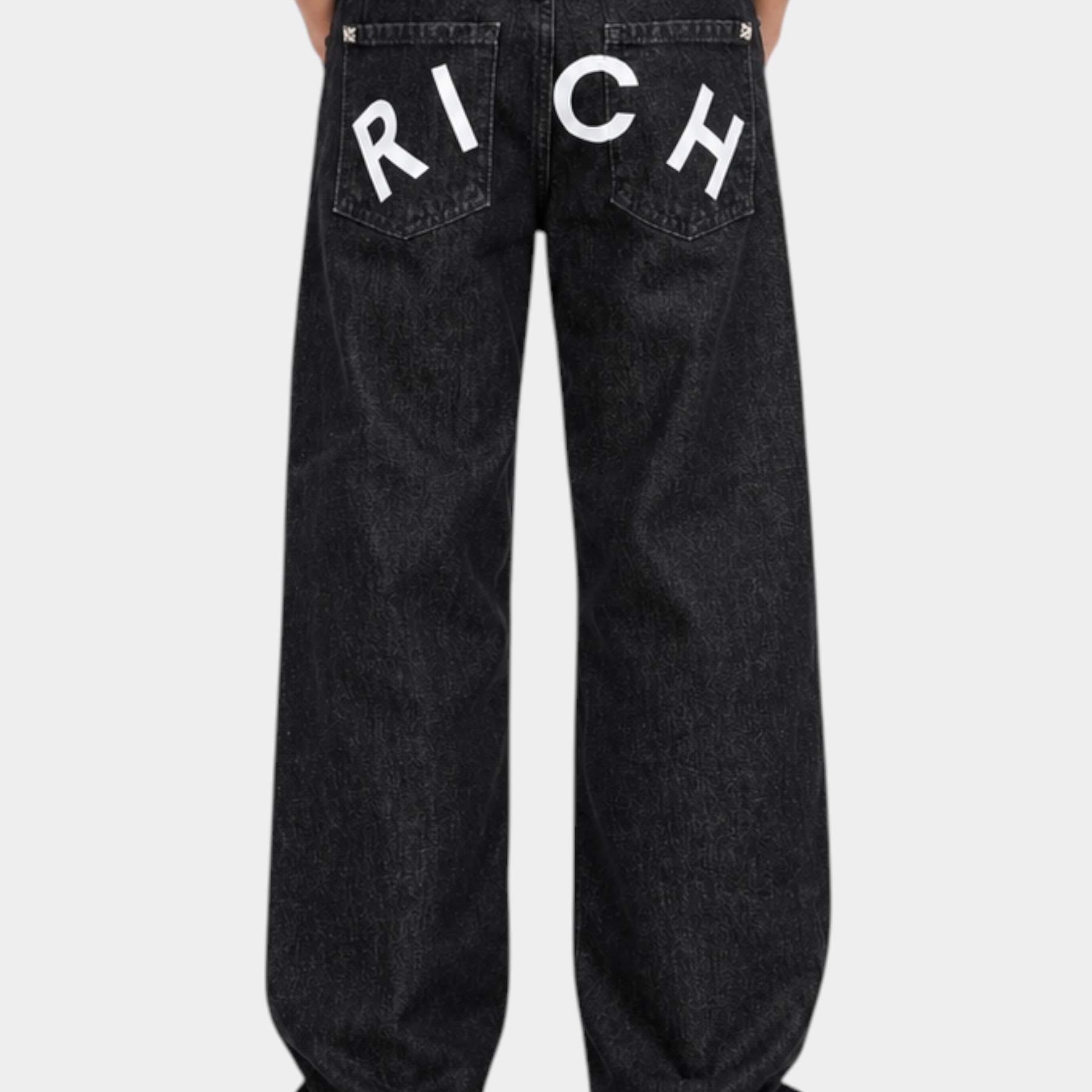 Jeans dritti neri Follower SRL per bambino con scritta RICH bianca sul retro e vestibilità ampia
