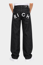 Jeans dritti neri Follower SRL per bambino con scritta RICH bianca sul retro e vestibilità ampia