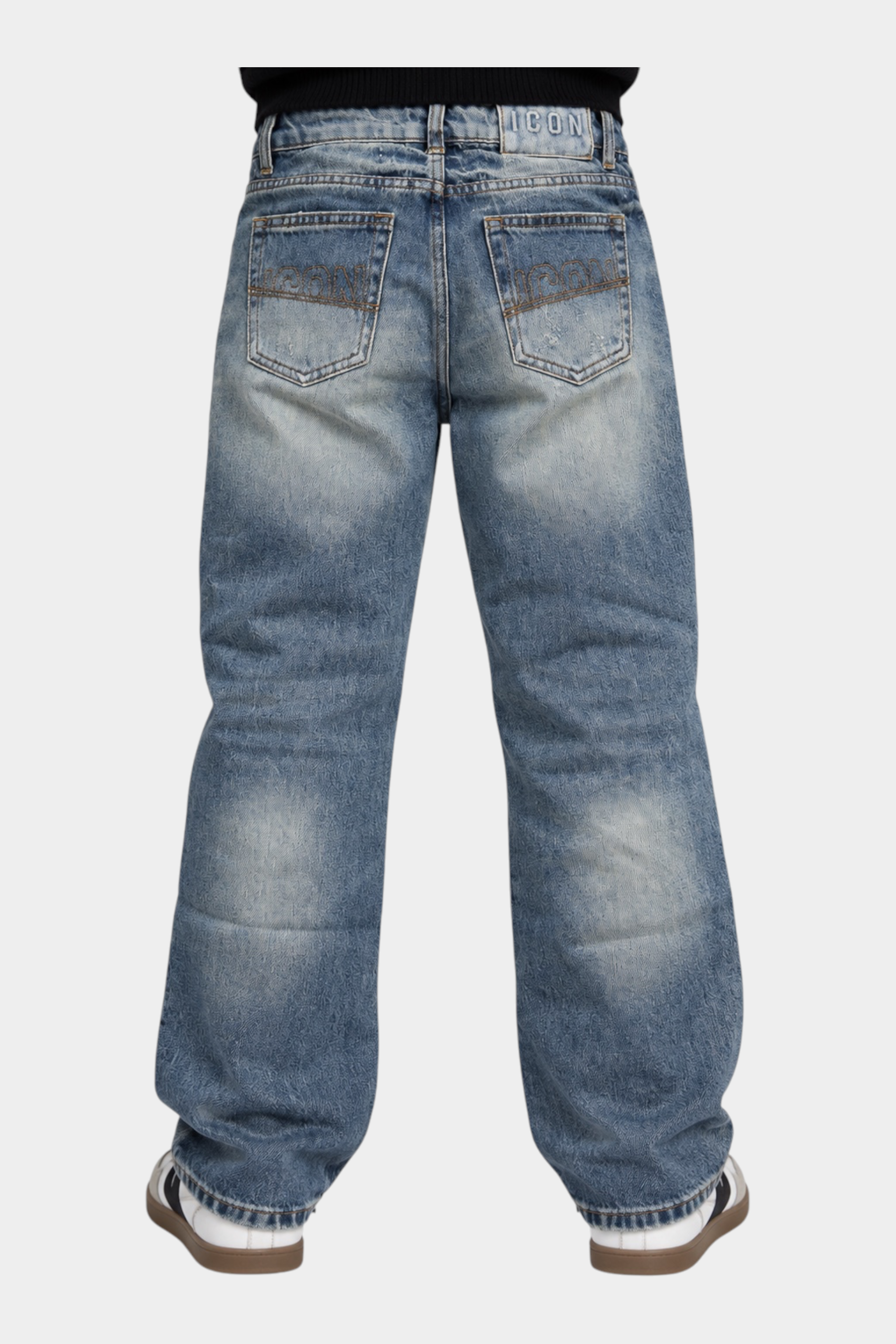 Jeans larghi Follower SRL per bambino in denim blu slavato con dettaglio ICON sulla tasca posteriore