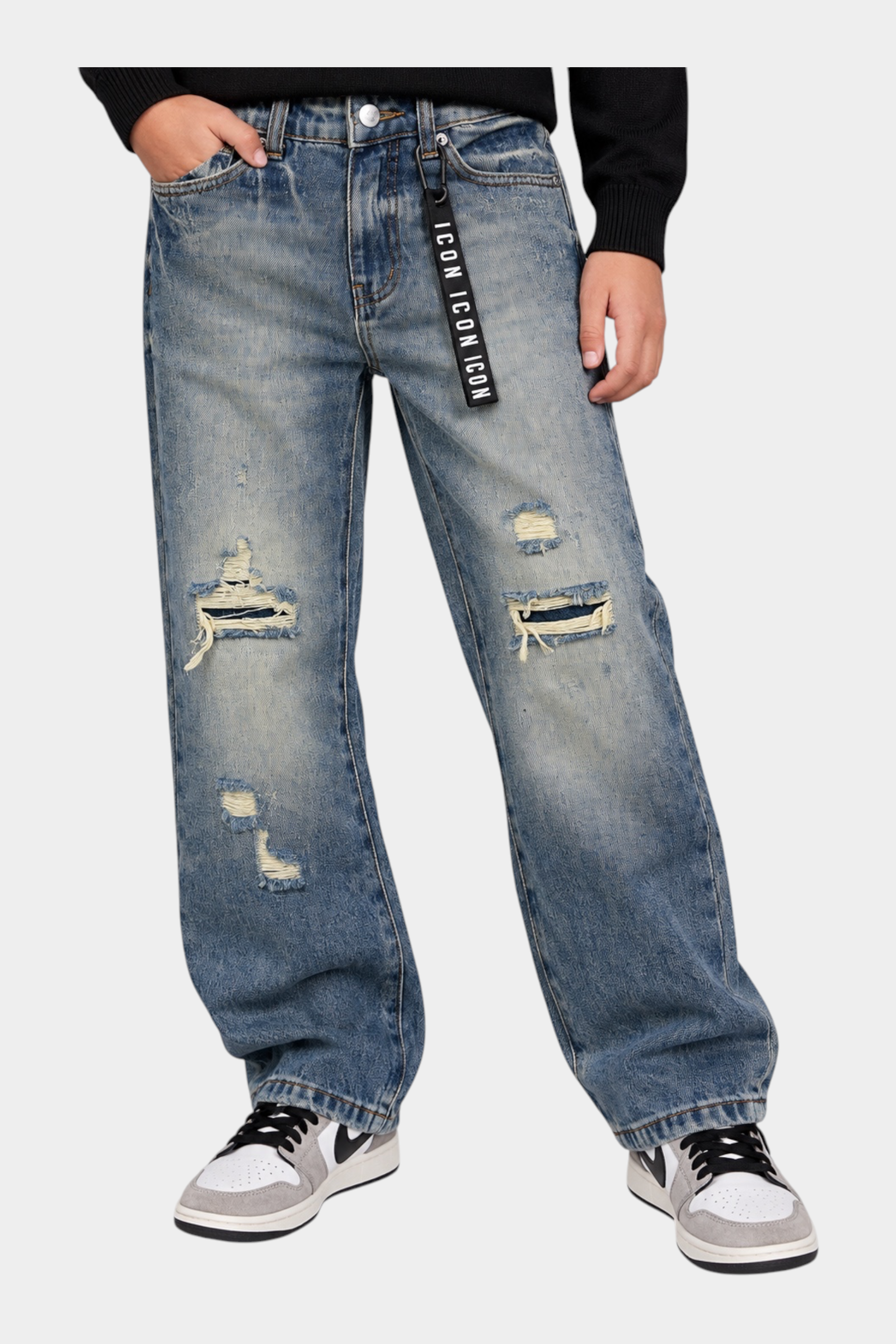 Jeans larghi Follower SRL per bambino in denim grigio con strappi, vestibilità ampia e cintura logata ICON