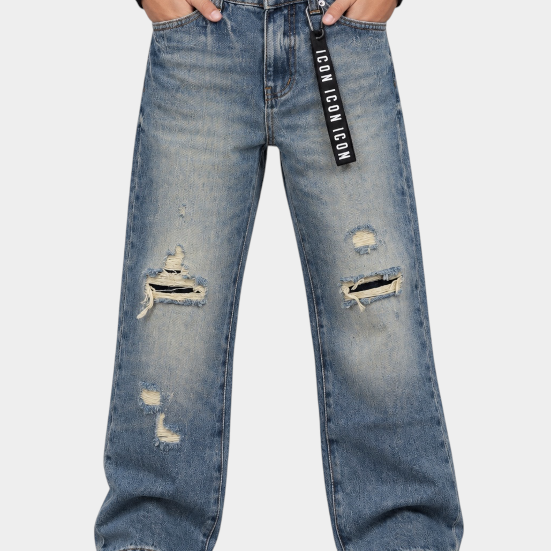 Jeans larghi Follower SRL per bambino in denim blu con strappi, effetto vissuto e cintura logata ICON
