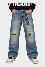 Jeans larghi Follower SRL per bambino in denim blu con strappi, effetto vissuto e cintura logata ICON