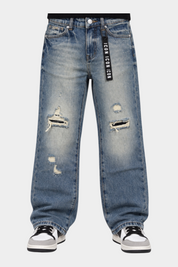 Jeans larghi Follower SRL per bambino in denim blu slavato con strappi e nastro logato ICON in vita