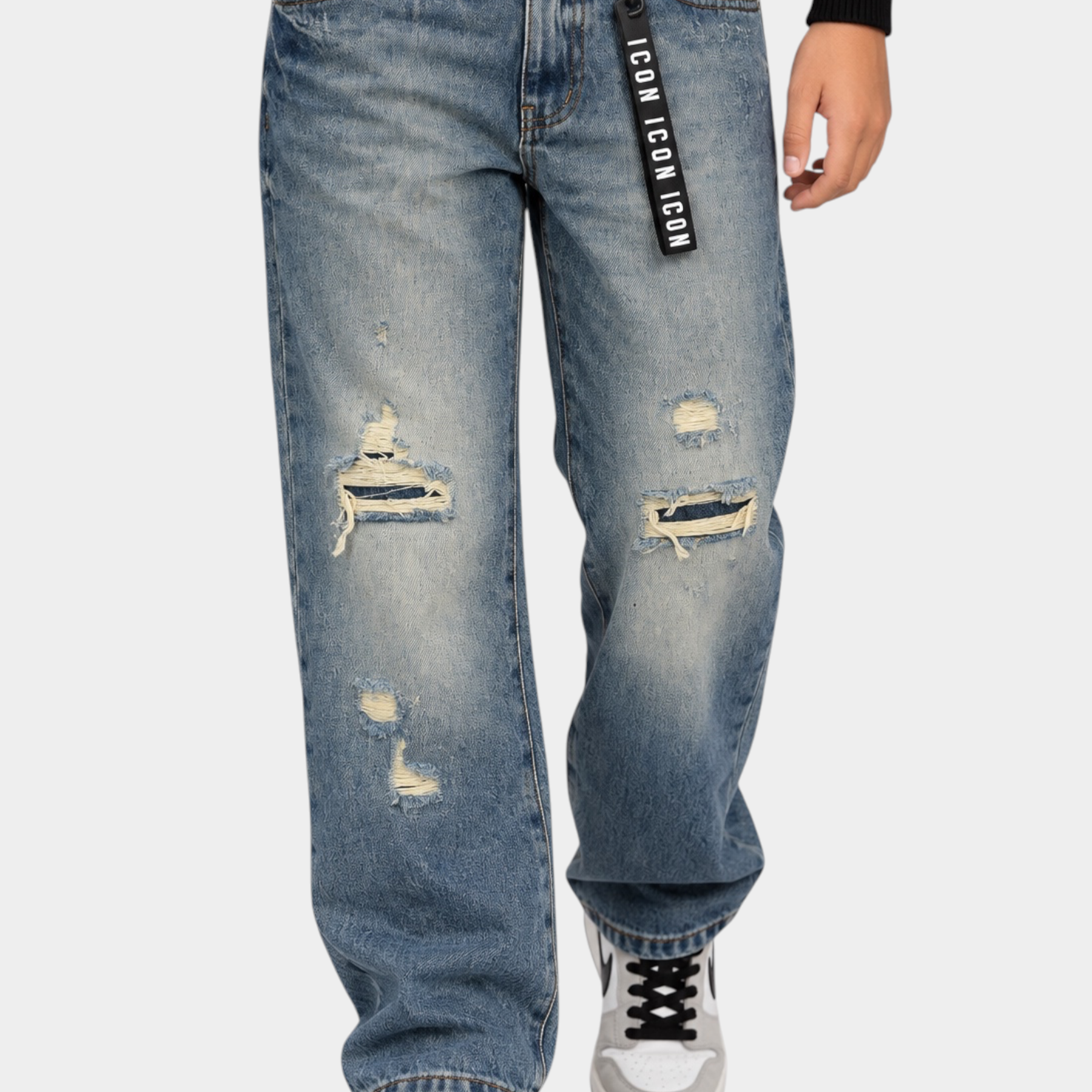 Jeans larghi Follower SRL per bambino in denim blu con strappi, vestibilità ampia e nastro decorativo ICON
