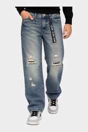 Jeans larghi Follower SRL per bambino in denim blu con strappi, vestibilità ampia e nastro decorativo ICON