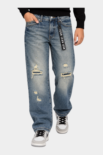 Jeans larghi Follower SRL per bambino in denim blu con strappi, vestibilità ampia e nastro decorativo ICON