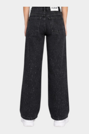 Jeans larghi neri Follower SRL per bambina con dettagli in strass e patch ICON sul retro