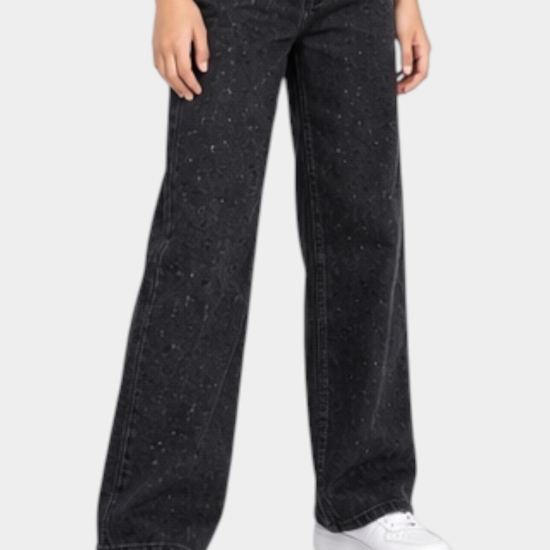 Jeans larghi neri Follower SRL per bambina con decorazioni di strass luminosi su denim di cotone