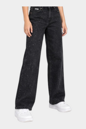 Jeans larghi neri Follower SRL per bambina con decorazioni di strass luminosi su denim di cotone