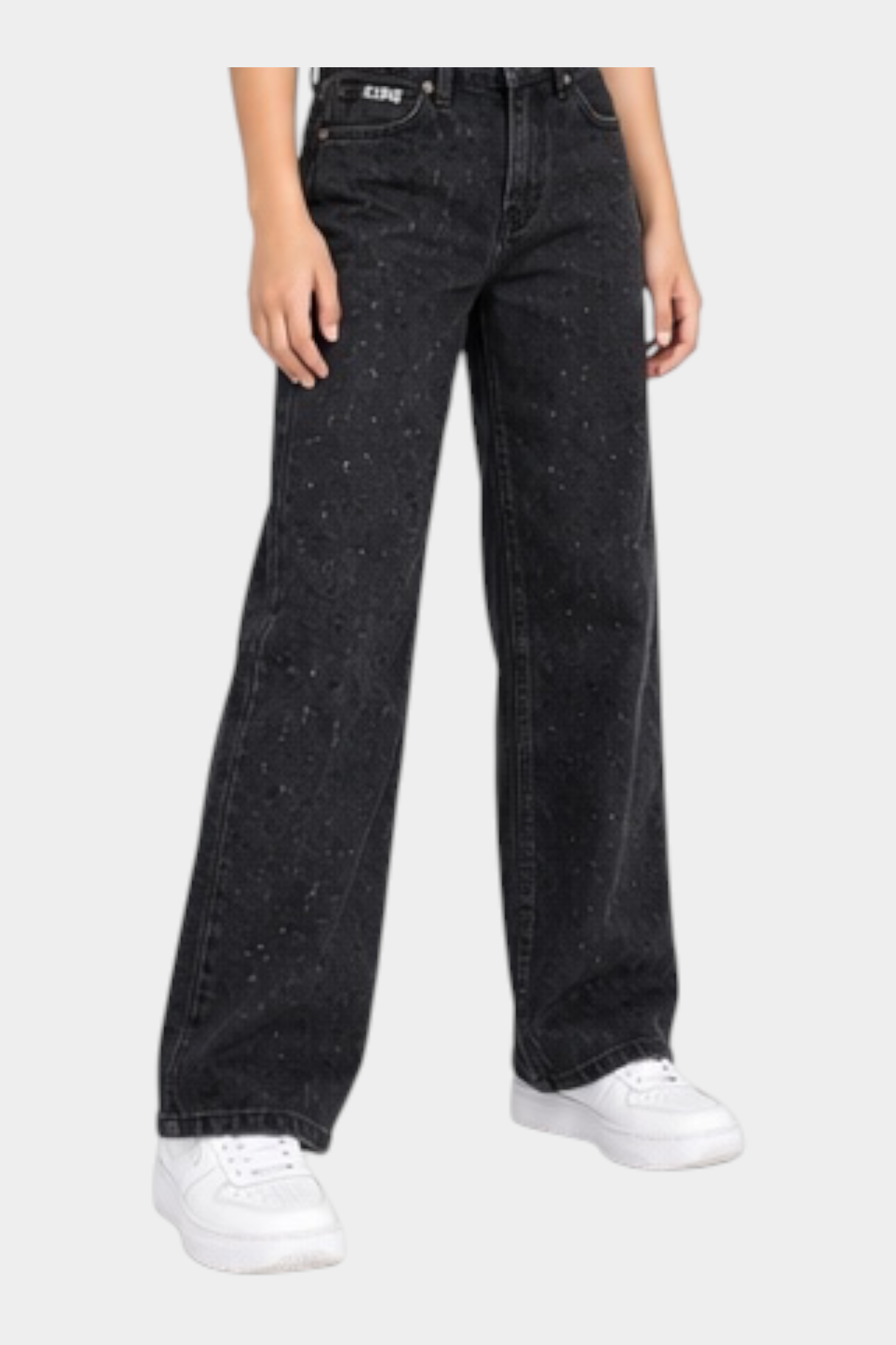 Jeans larghi neri Follower SRL per bambina con decorazioni di strass luminosi su denim di cotone