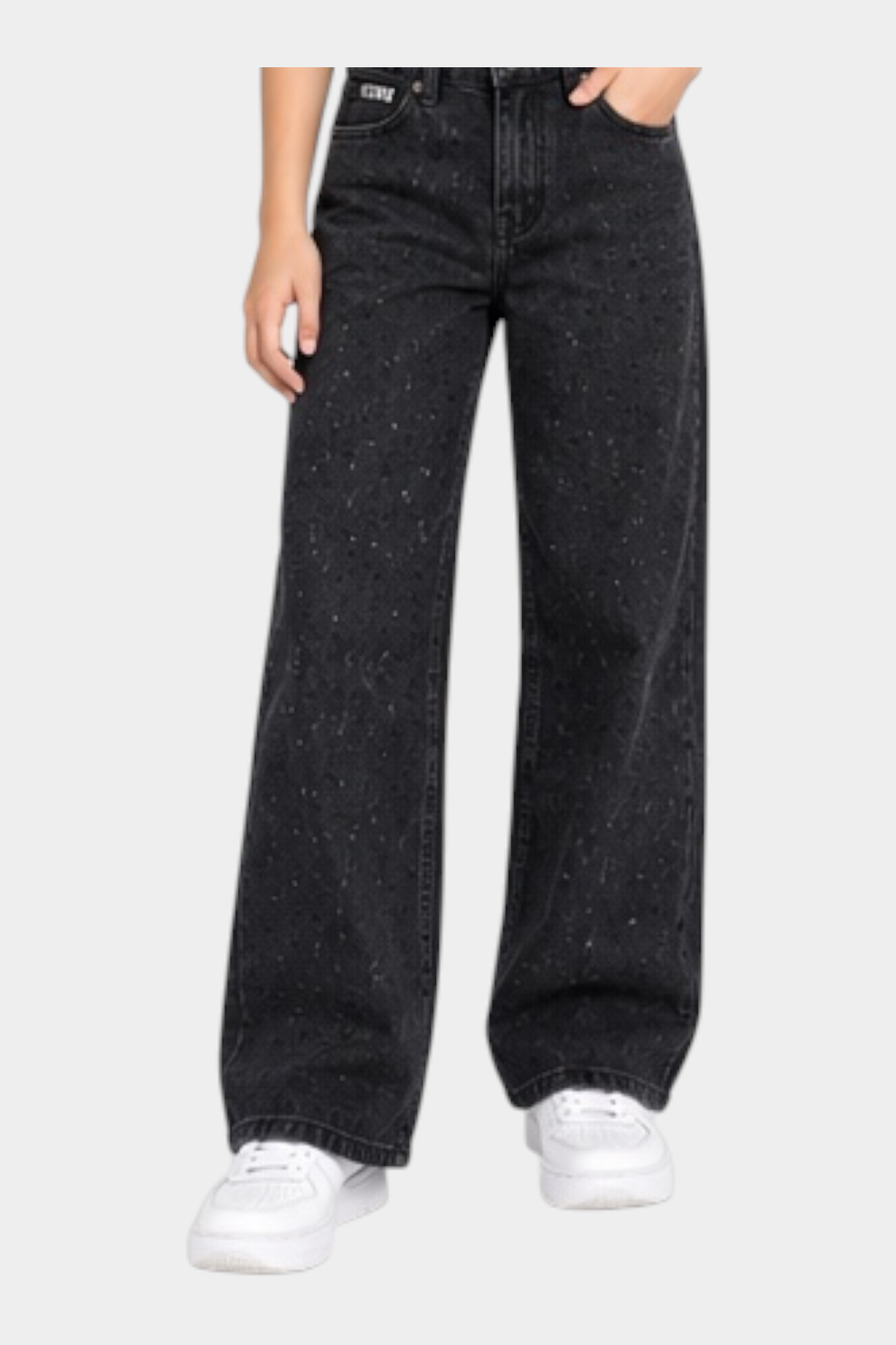 Jeans larghi neri Follower SRL per bambina con decorazioni di strass luminosi e vestibilità comoda