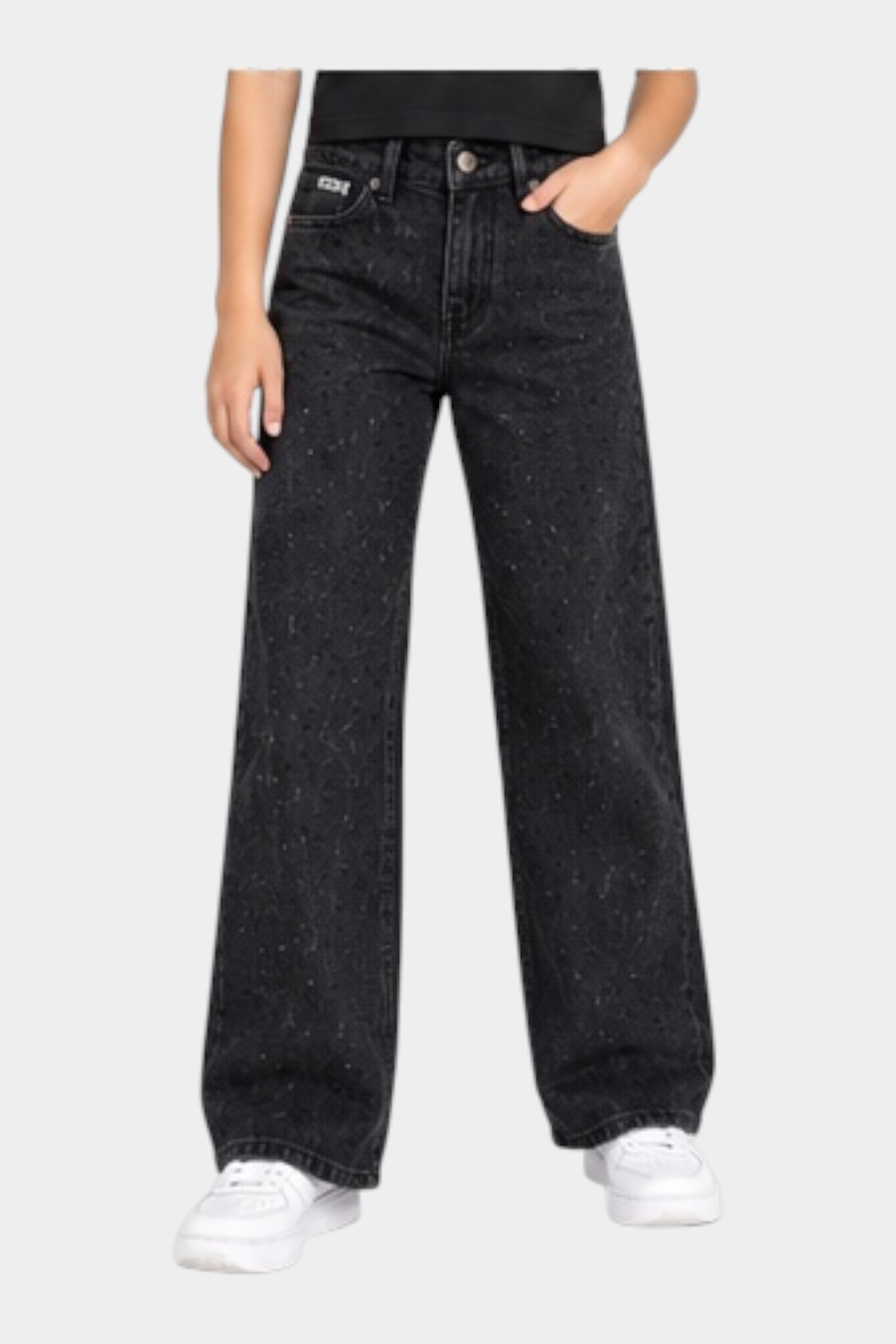 Jeans larghi neri Follower SRL per bambina con decorazioni di strass e vestibilità ampia
