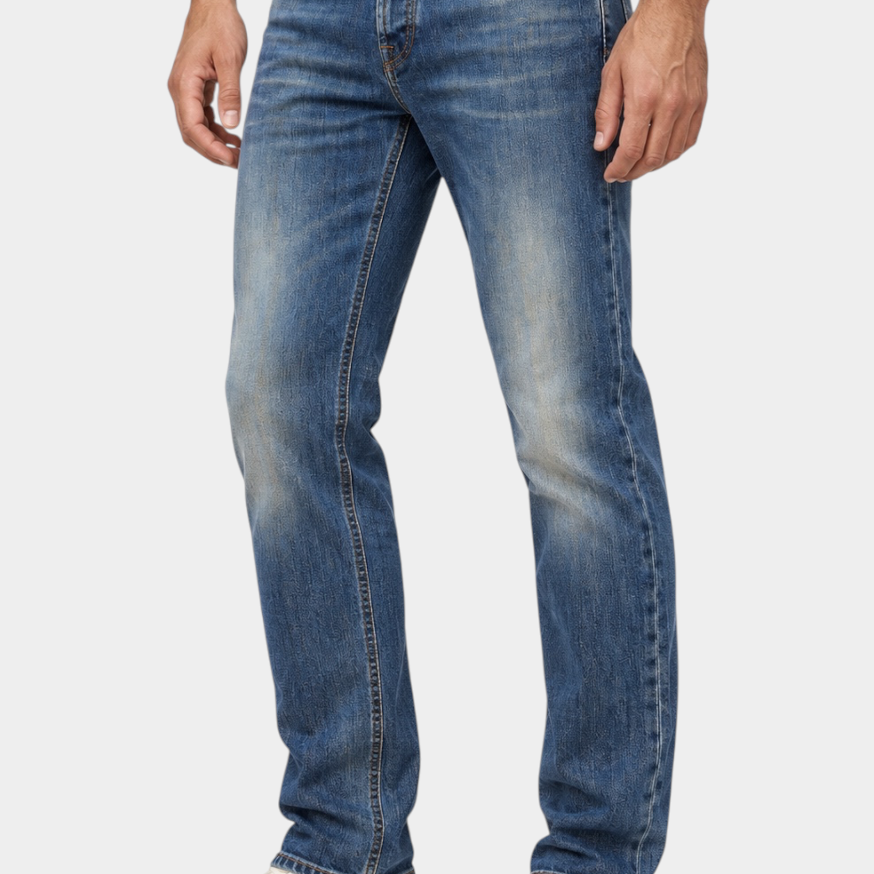 Jeans regular fit Follower SRL in cotone blu con lavaggio effetto vissuto indossati da un modello