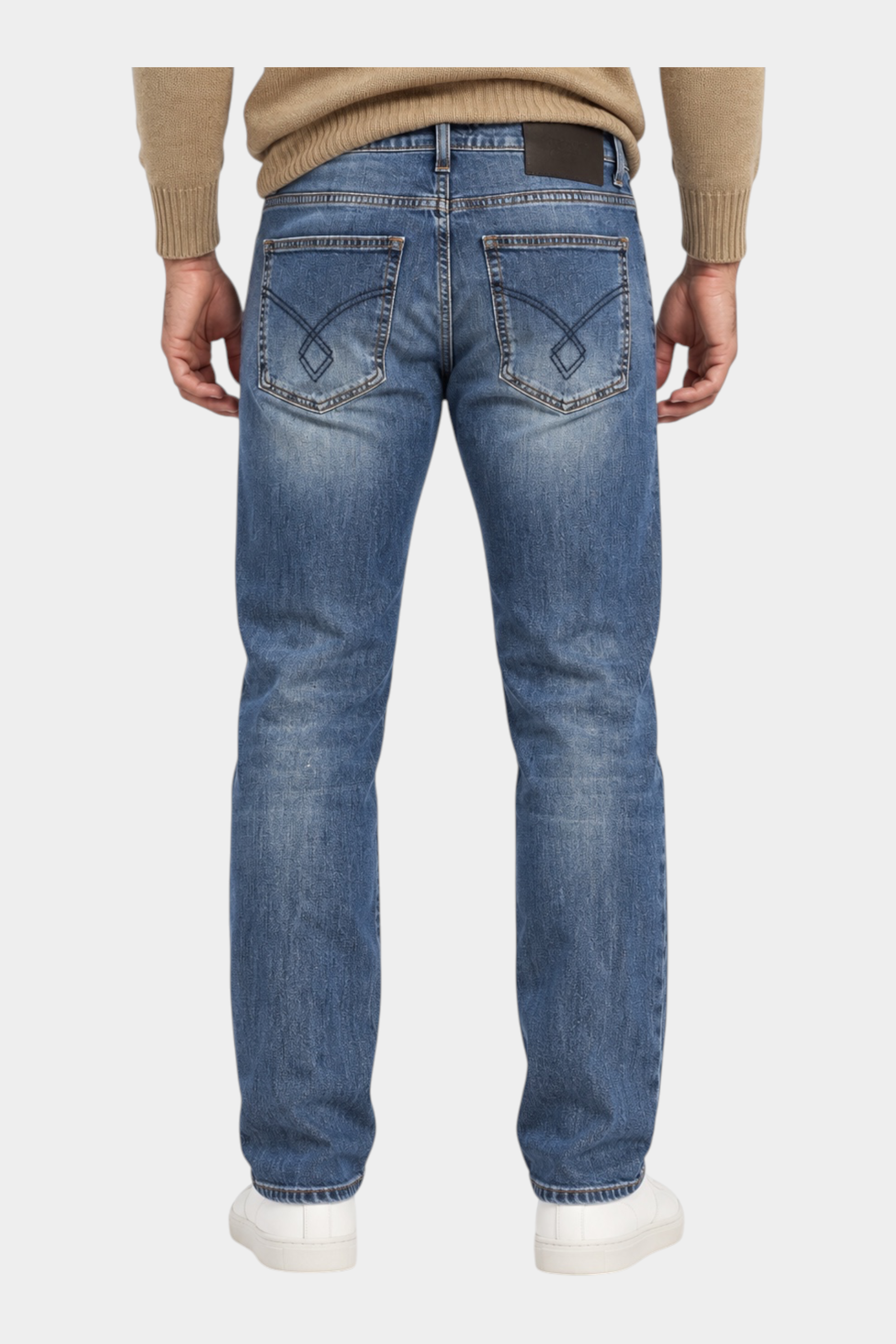 Jeans regular fit Follower SRL in cotone blu con cuciture decorative sulle tasche posteriori, Made in Italy
