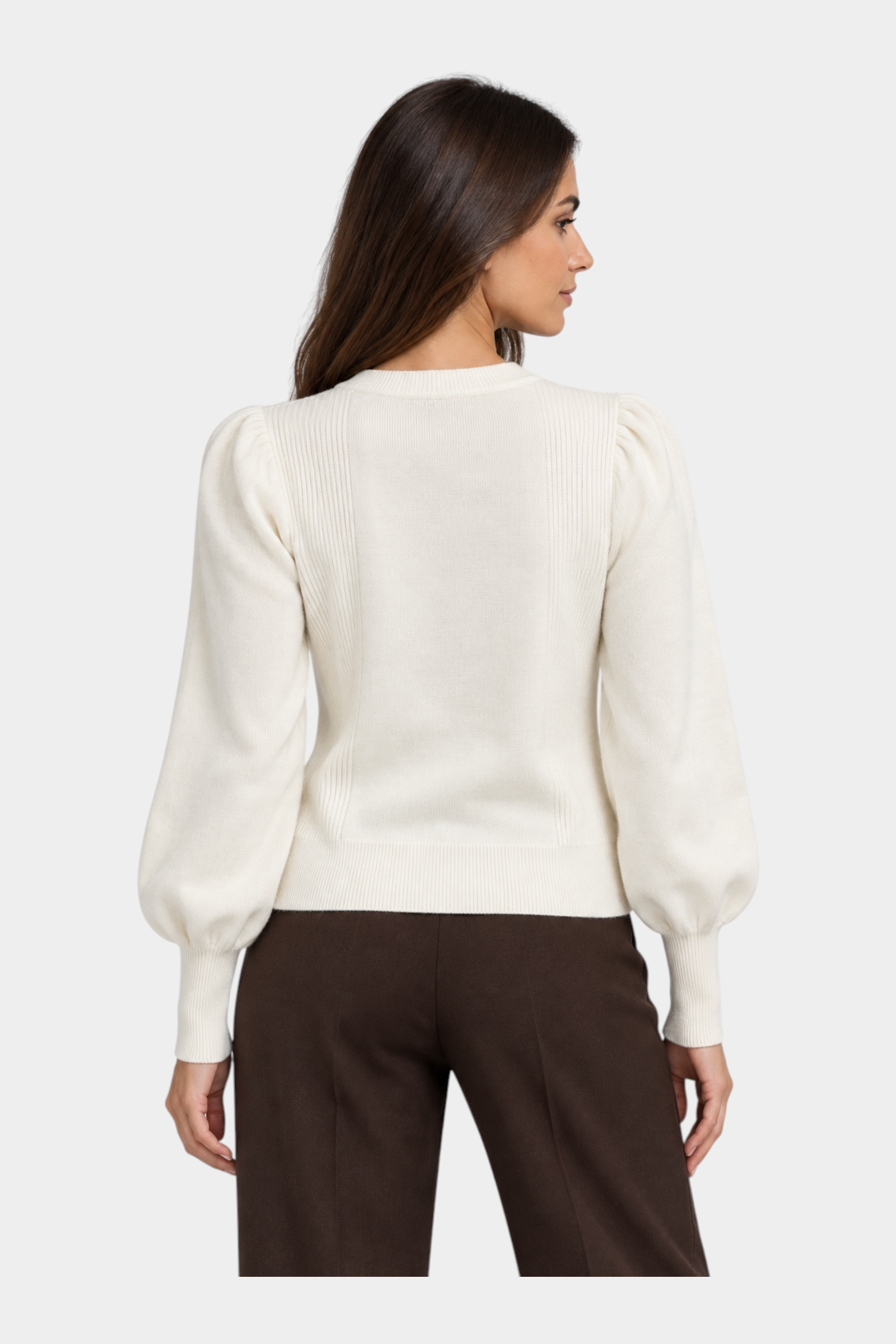 Maglia lupetto Follower SRL color avorio con maniche a sbuffo e dettagli a coste, vista posteriore