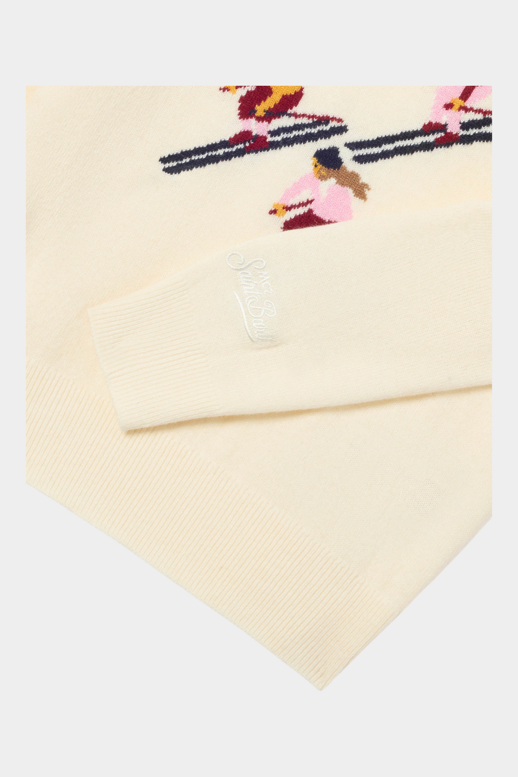 Maglia girocollo Follower SRL color avorio con intarsio di sciatori e logo ricamato sulla manica per bambina