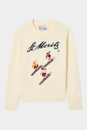 Maglia girocollo Follower SRL color avorio con intarsio di sciatori e scritta St. Moritz per bambina