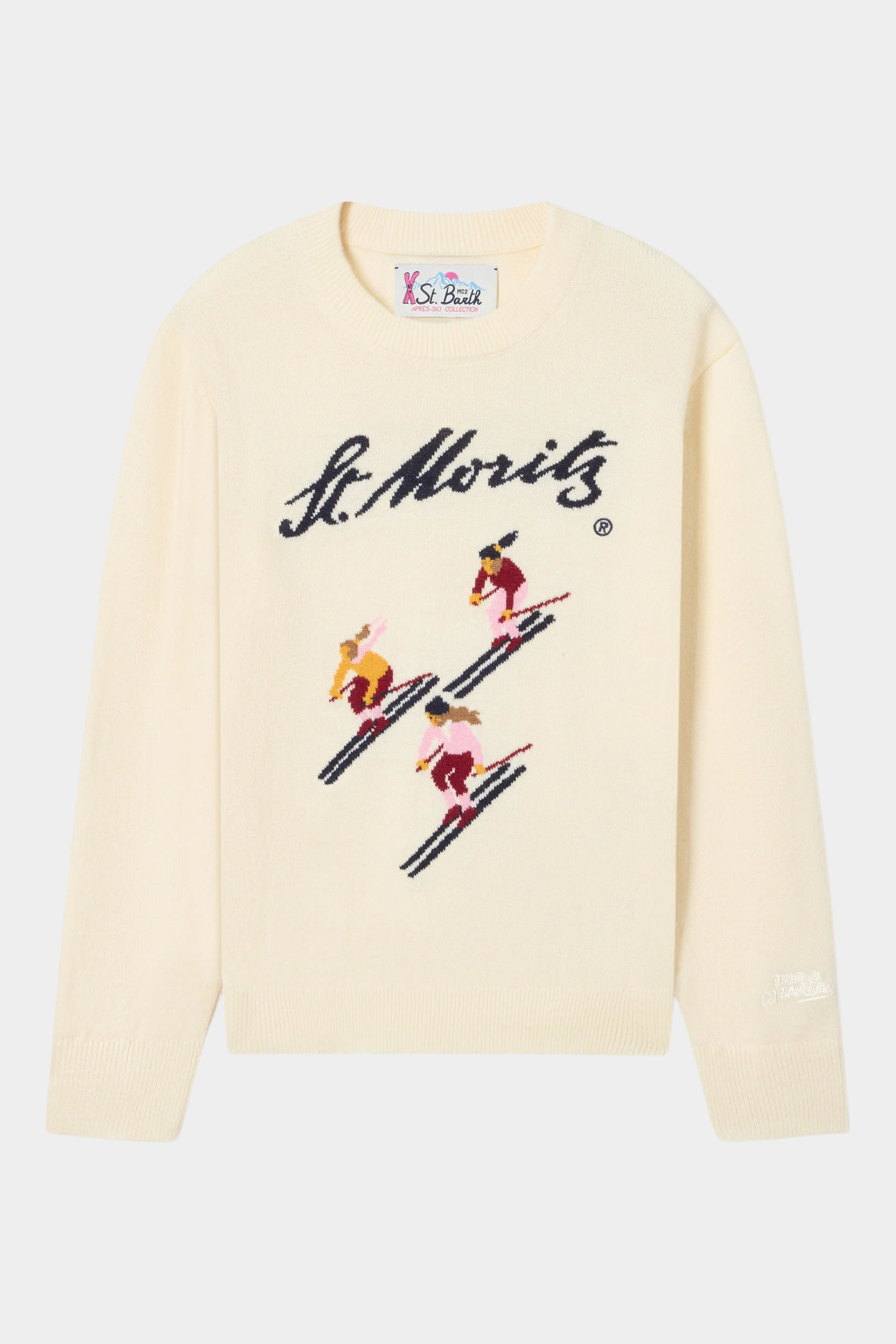 Maglia girocollo Follower SRL color avorio con intarsio di sciatori e scritta St. Moritz per bambina