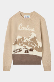 Maglia girocollo Follower SRL beige con intarsio paesaggio montano Cortina e dettagli a costine per bambina