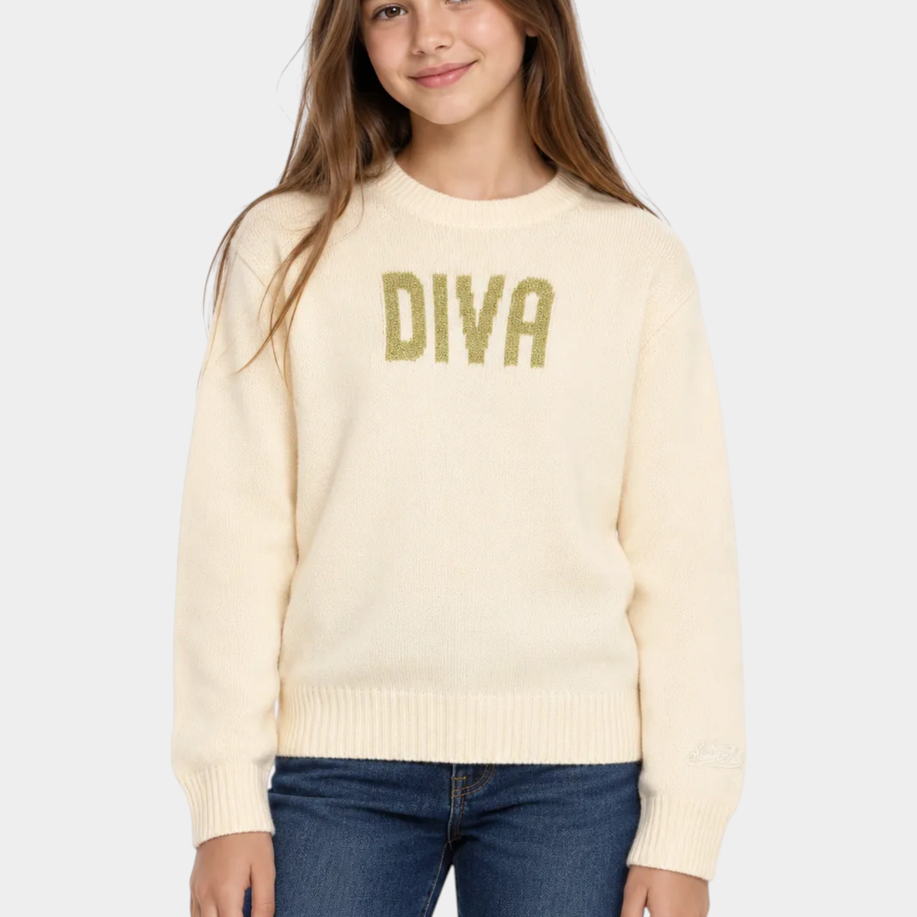 Follower SRL maglia girocollo panna per bambina con scritta Diva in paillettes dorate e polsini a costine