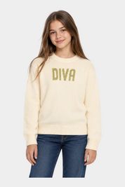 Follower SRL maglia girocollo panna per bambina con scritta Diva in paillettes dorate e polsini a costine
