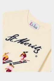 Maglia girocollo Follower SRL color avorio con intarsio sciatori e scritta St. Moritz per bambina