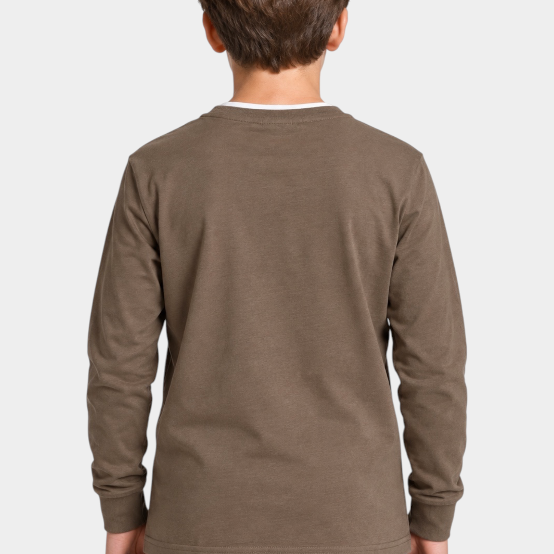 Vista posteriore di un bambino che indossa una maglia girocollo marrone a maniche lunghe Follower SRL