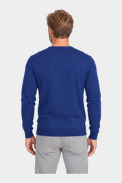 Vista posteriore di un uomo che indossa una maglia girocollo blu in filo di cotone del brand Follower SRL