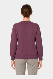 Vista posteriore di una maglia girocollo bordeaux in filo dal taglio boxy fit, brand Follower SRL, su sfondo bianco.