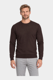 Modello indossa maglia girocollo marrone in filo di cotone RAGNO proposta da Follower SRL su sfondo bianco