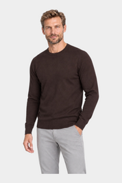 Modello indossa maglia girocollo in filo marrone RAGNO proposta da Follower SRL su sfondo bianco