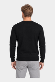 Vista posteriore di un uomo che indossa una maglia girocollo nera in filo di cotone del brand Follower SRL