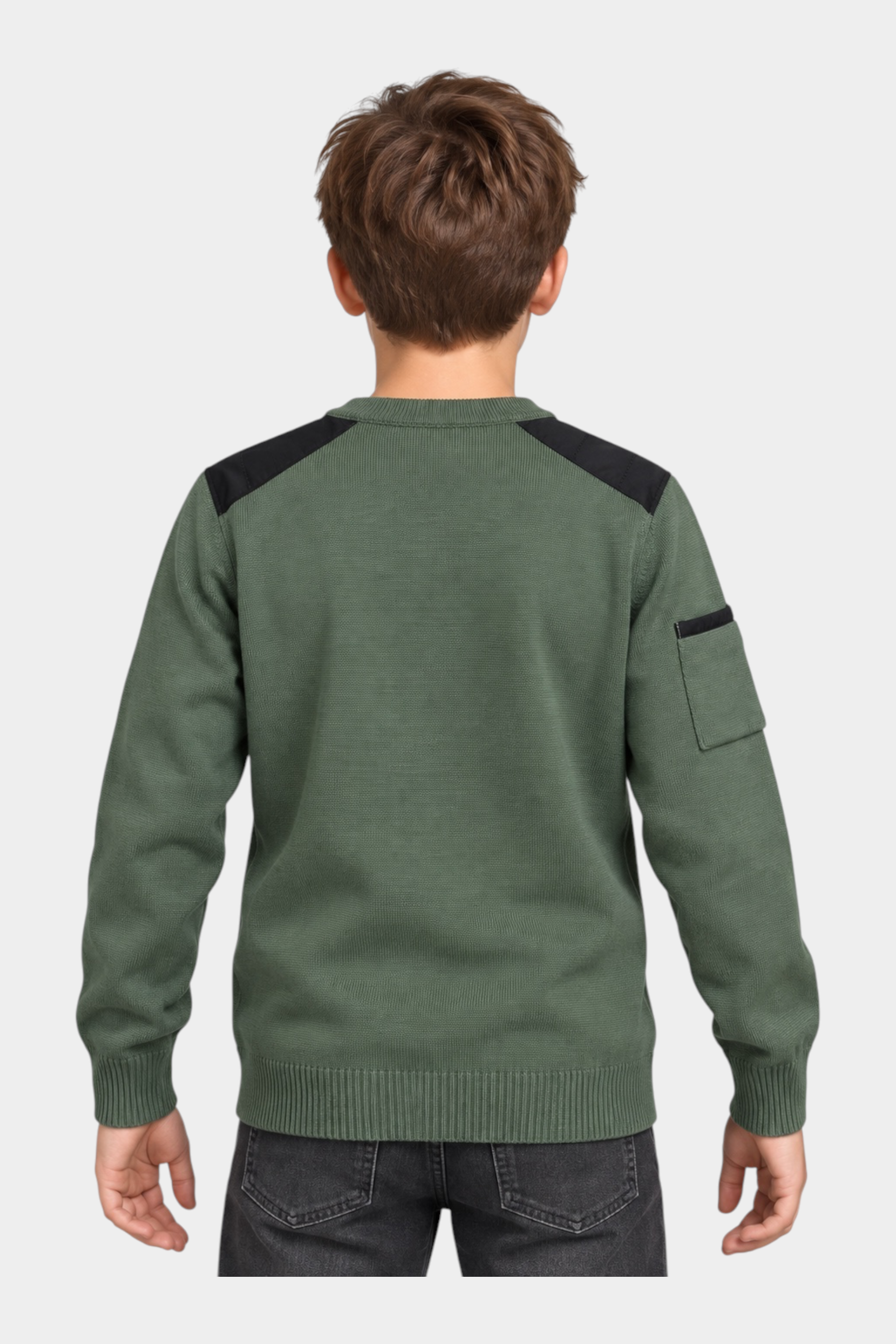 Vista posteriore di un bambino che indossa una maglia girocollo verde Follower SRL con inserti neri sulle spalle