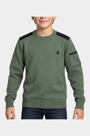Maglia girocollo verde Follower SRL per bambino con dettagli neri sulle spalle e taschino sulla manica