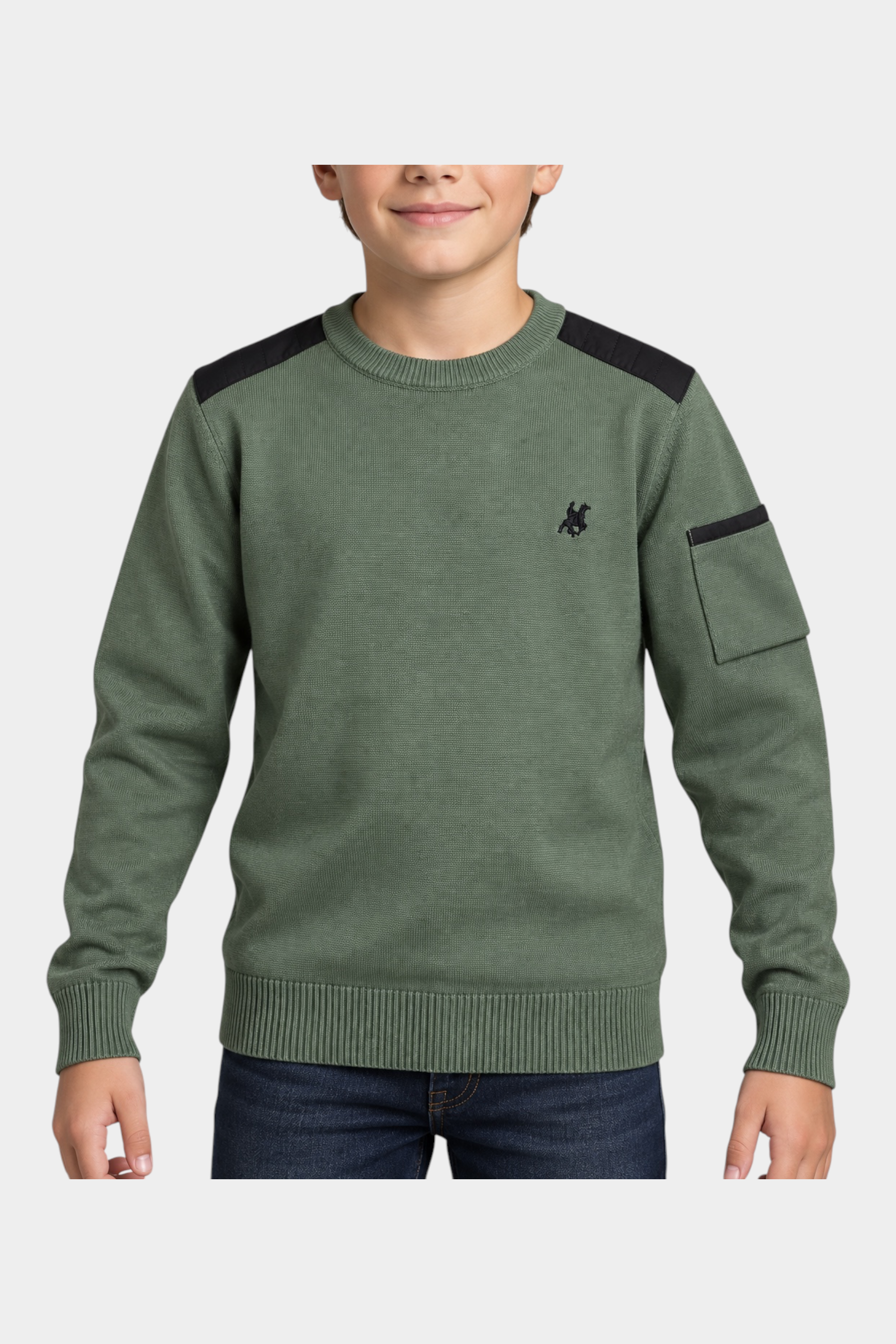 Maglia girocollo verde Follower SRL per bambino con dettagli neri sulle spalle e taschino sulla manica